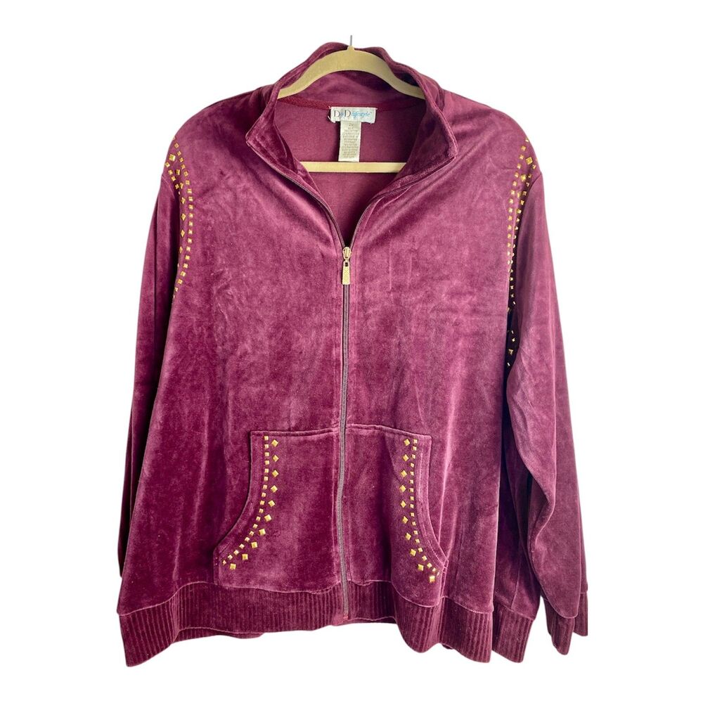 D&D Lifestyle 2X Purple Velour Zip Jacket Y2K Gold Accents Retro Comfy Track